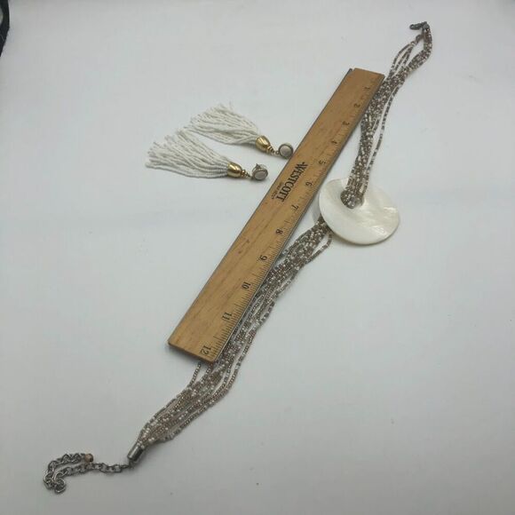 White Shell Beaded Necklace and White Beaded Dangling Pierced Earring Set - Picture 12 of 12